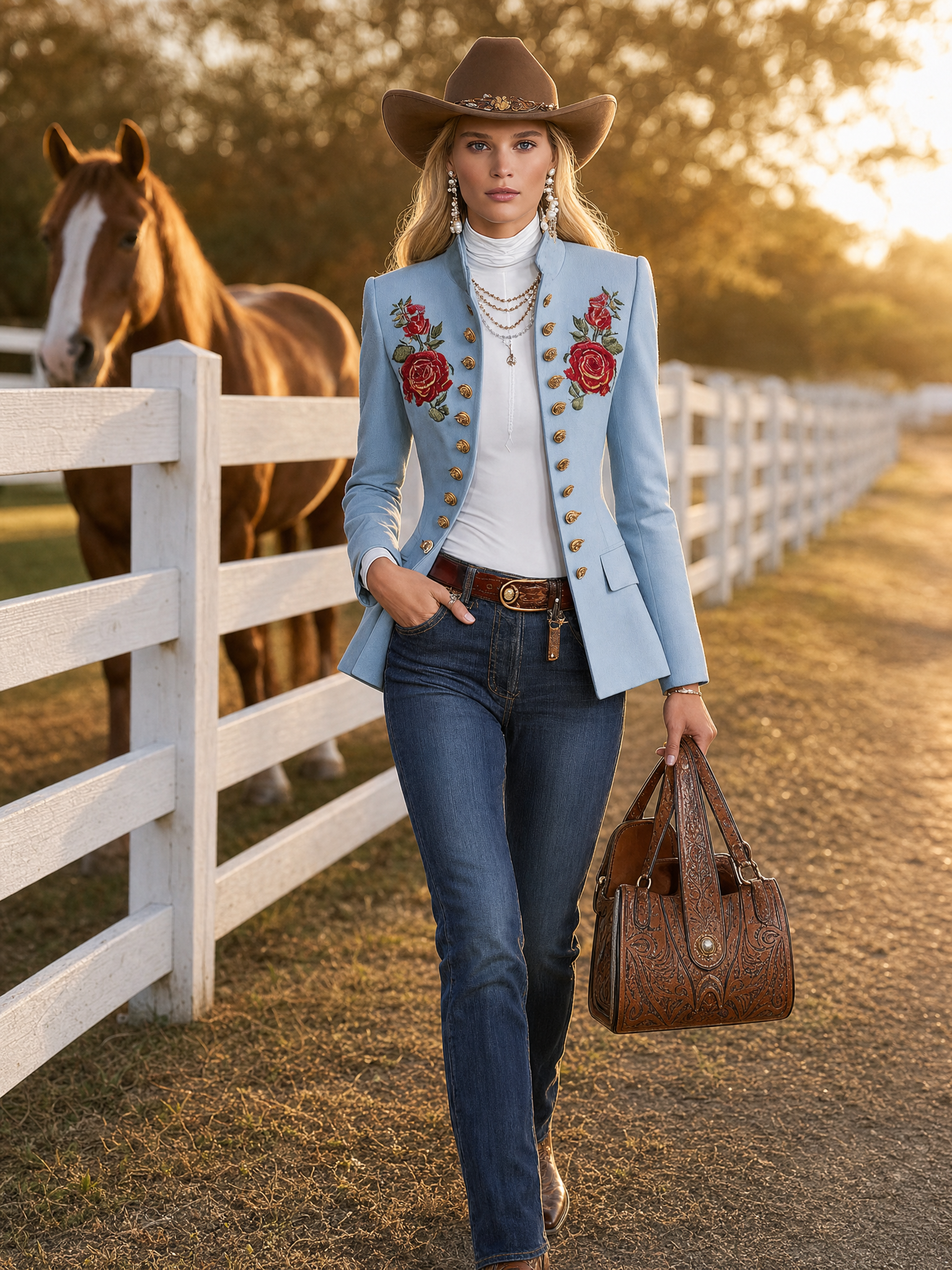 Light Blue Rose-Embroidered Stand-Collar Gold-Button Fitted Military Blazer Women