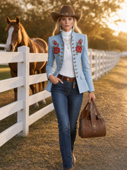 Light Blue Rose-Embroidered Stand-Collar Gold-Button Fitted Military Blazer Women