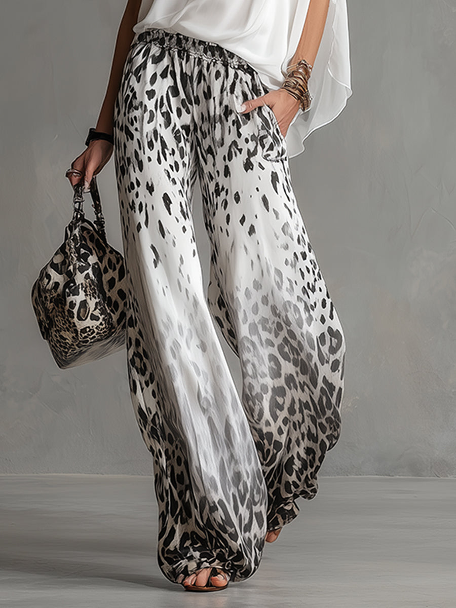 Modern And Stylish White Leopard Print Chiffon Pants