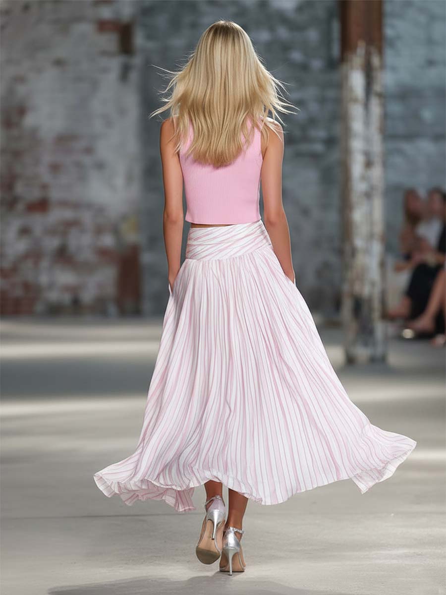 Elegant Retro Flowy Pink Knit Top And Striped Chiffon Skirt Set