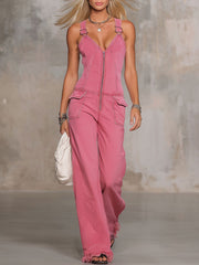 Retro Pink Denim Sleeveless Jumpsuit