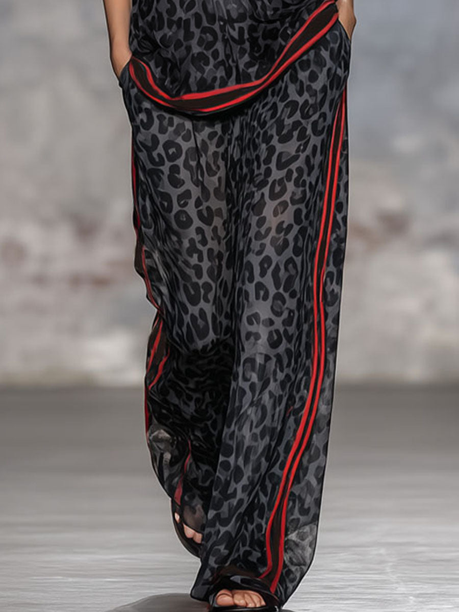 Leopard Print Chiffon Short-sleeved Top And Trousers Set