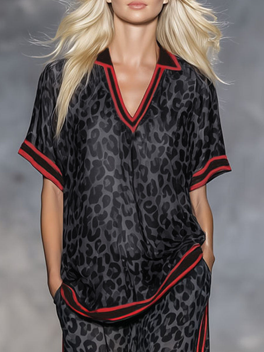Leopard Print Chiffon Short-sleeved Top And Trousers Set