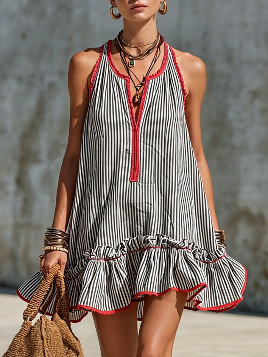 Casual Retro Ruffled Red And White Striped Cotton Linen Sleeveless Mini Dress