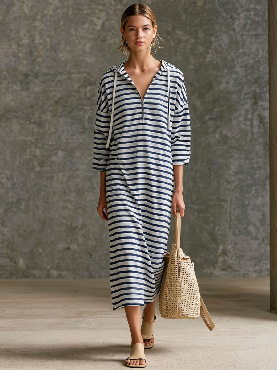 Casual Sporty Retro Black And White Striped Pure Cotton Hooded Midi Dress
