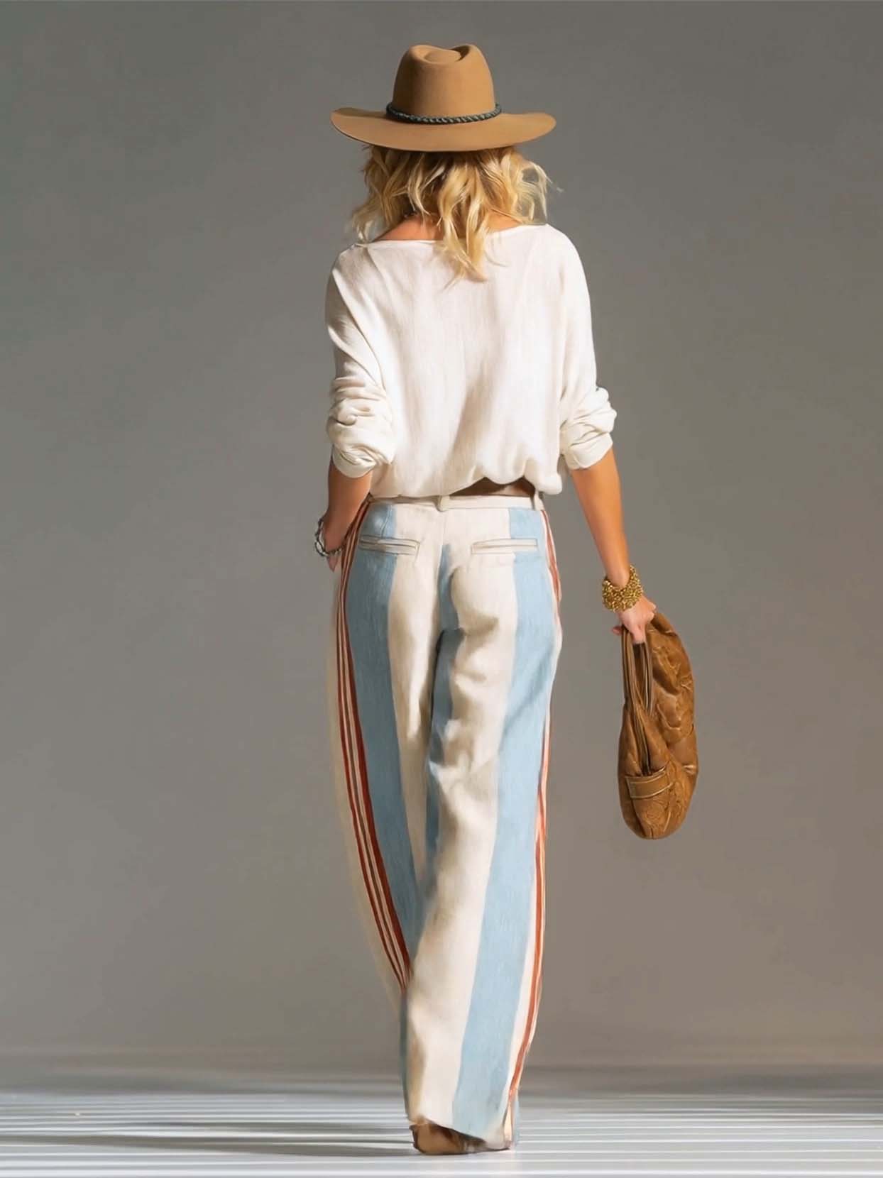 Retro Casual Ivory Surplice V-Neck Top And Blue Red Striped Wide-Leg Cotton-Linen Pants Set