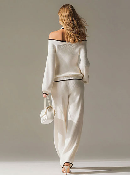 Elegant Color-blocked White Halter-neck Long-sleeved Knit Top And Pants Set