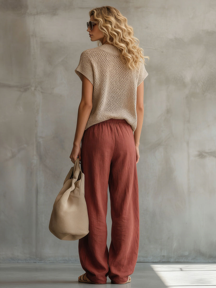 Retro Short-sleeved Knit Top And Brick Red Cotton Linen Wide-leg Pants Set