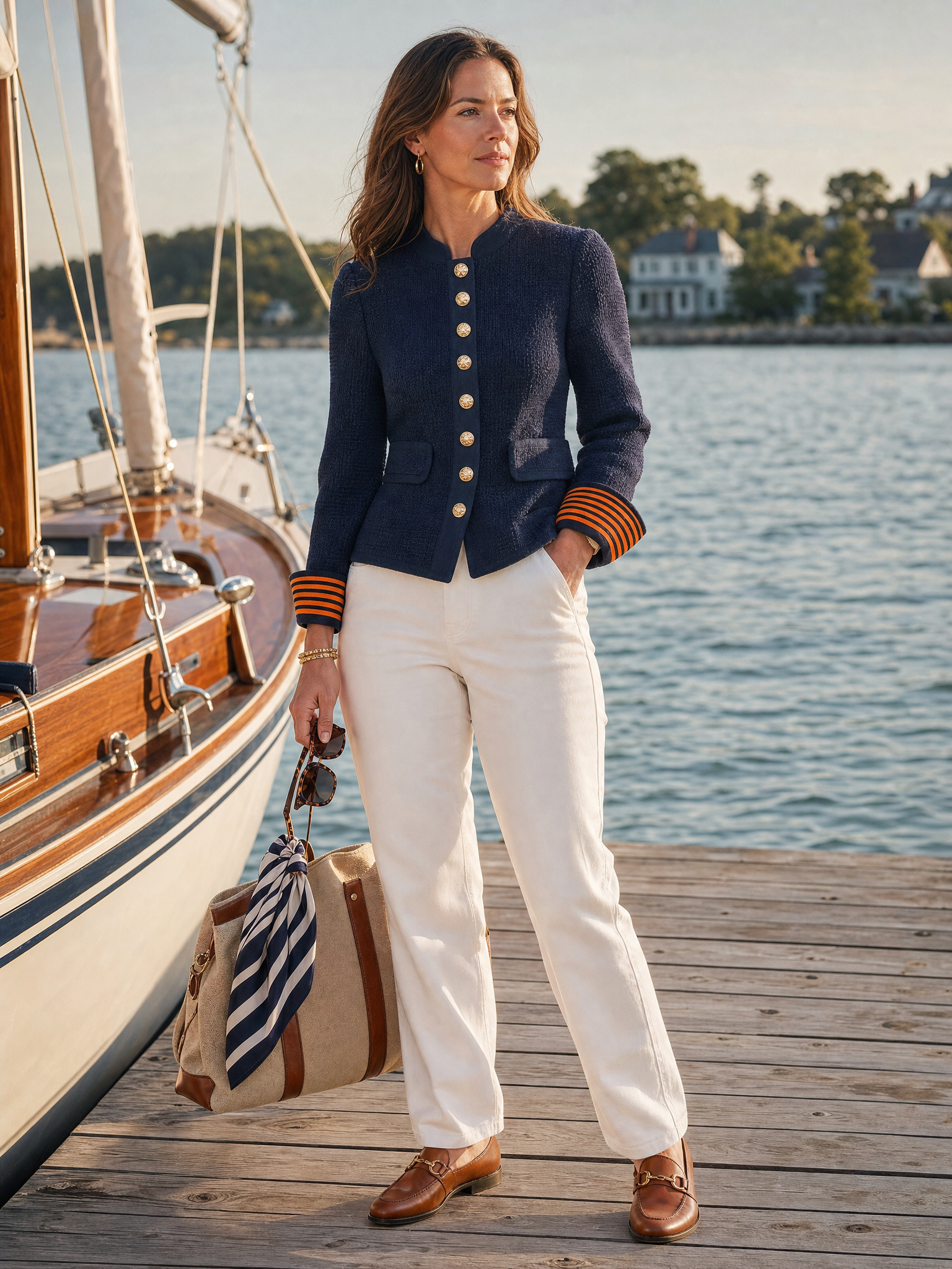 Navy Knit Stand-Collar Gold-Button Fitted Military Sweater Blazer Jacket Women