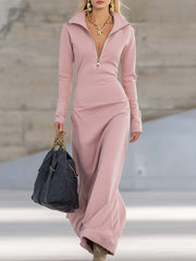 Elegant Retro Sporty V-neck Front Zipper Long-sleeved Pink Maxi Dress