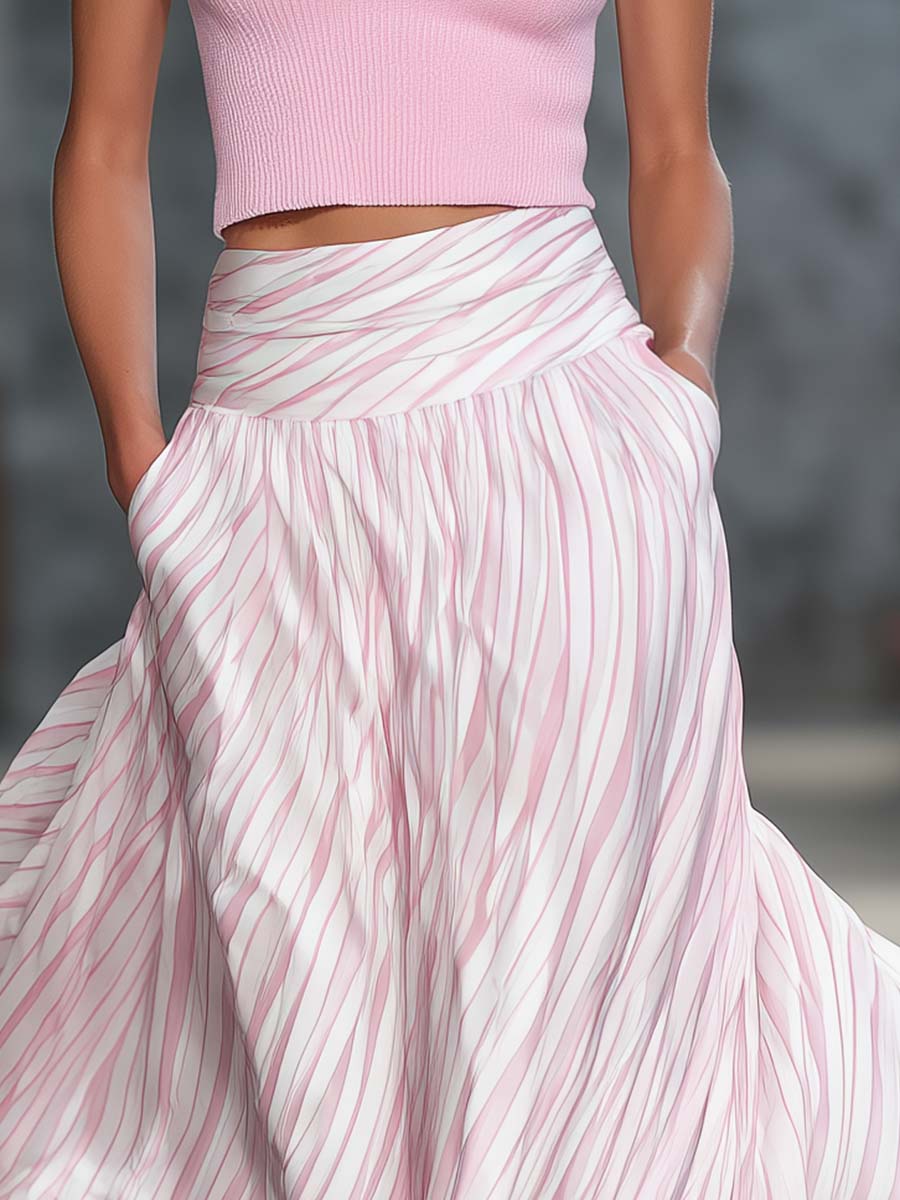 Elegant Retro Flowy Pink Striped Chiffon Skirt