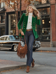 Emerald Velvet Leopard-Trim Peak-Lapel Double-Breasted Gold-Button Fitted Blazer Women