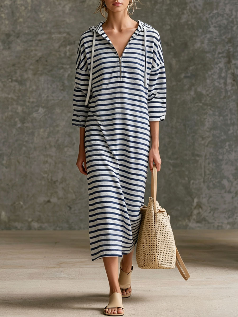 Casual Sporty Retro Black And White Striped Pure Cotton Hooded Midi Dress