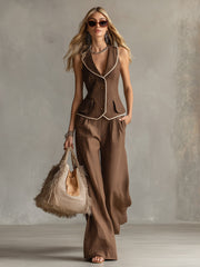 Classic Piped Brown Cotton And Linen Vest And Wide-leg Trousers Set