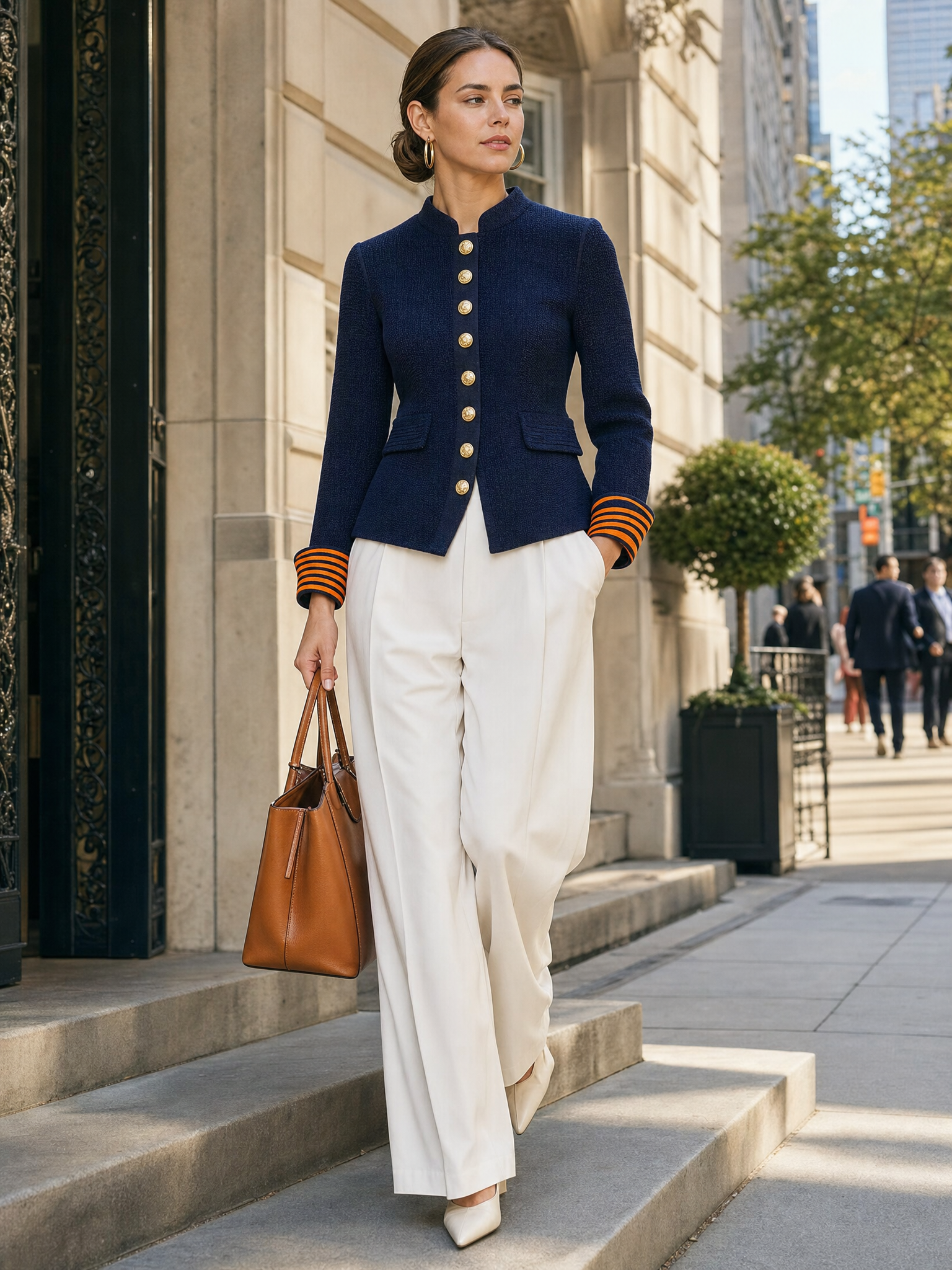 Navy Knit Stand-Collar Gold-Button Fitted Military Sweater Blazer Jacket Women