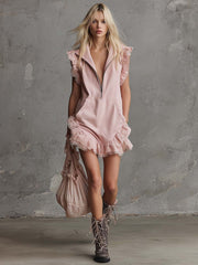 Elegant Retro Sporty V-neck Front Zipper Sleeveless Lace Trim Pink Cotton Mini Dress