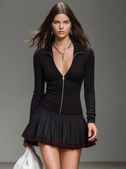 Contrast Hem Long Zip-up Top And Pleated Skirt Sports Suit