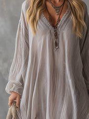 Lazy And Elegant V-neck Light Gray Crinkled Chiffon Maxi Dress