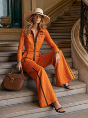 Casual Retro Color-blocked Orange Cotton And Linen Long-sleeved Jumpsuit