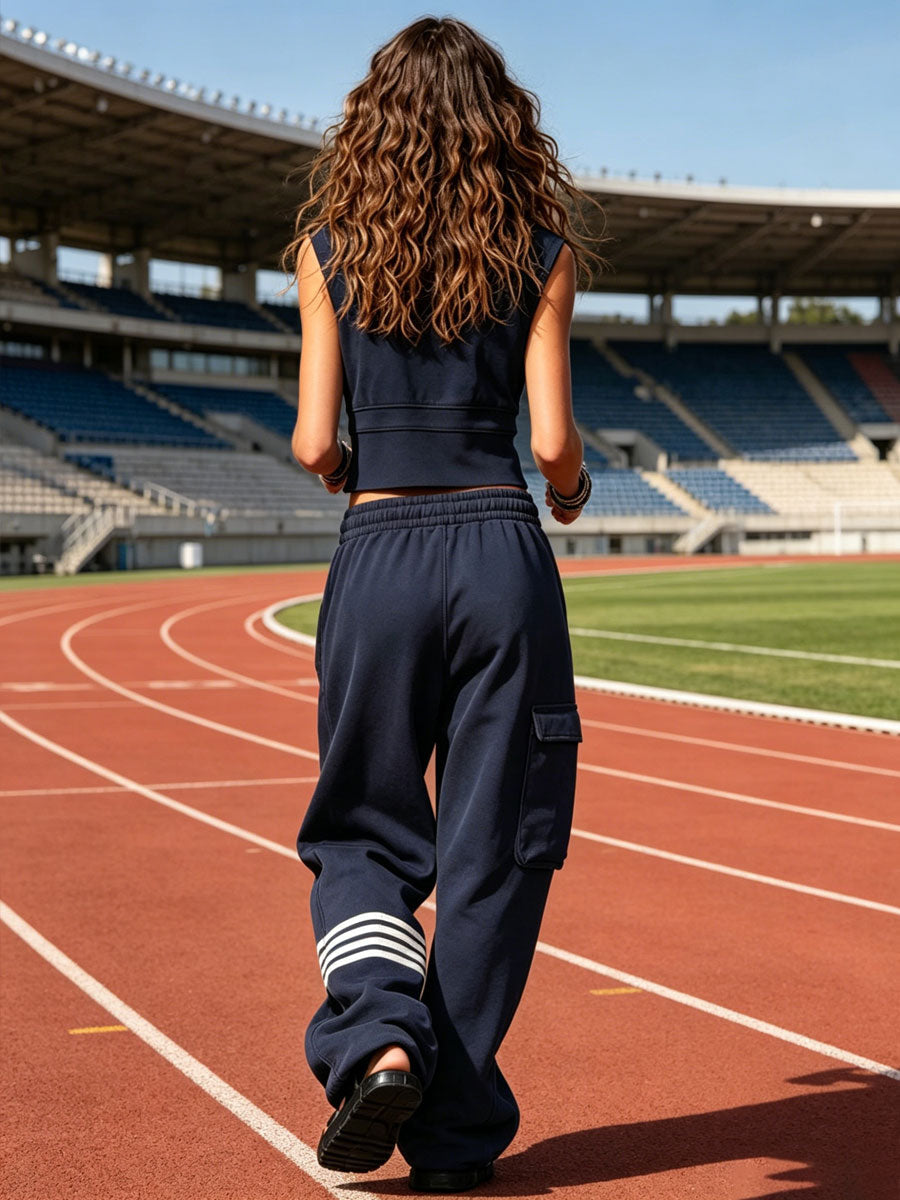 Retro Sports Navy Blue Cotton Half-zip Sweatshirt And Striped Cargo Pants Set