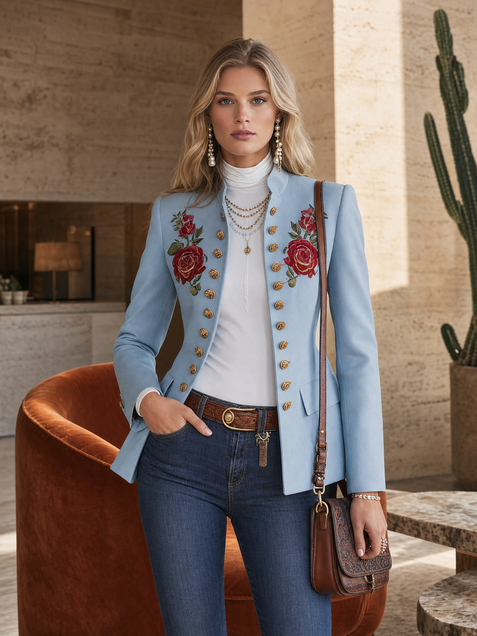 Light Blue Rose-Embroidered Stand-Collar Gold-Button Fitted Military Blazer Women