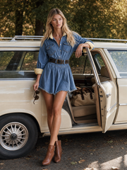 Retro Medium-blue Plaid-paneled Puff-sleeve Lace-up Denim Dress