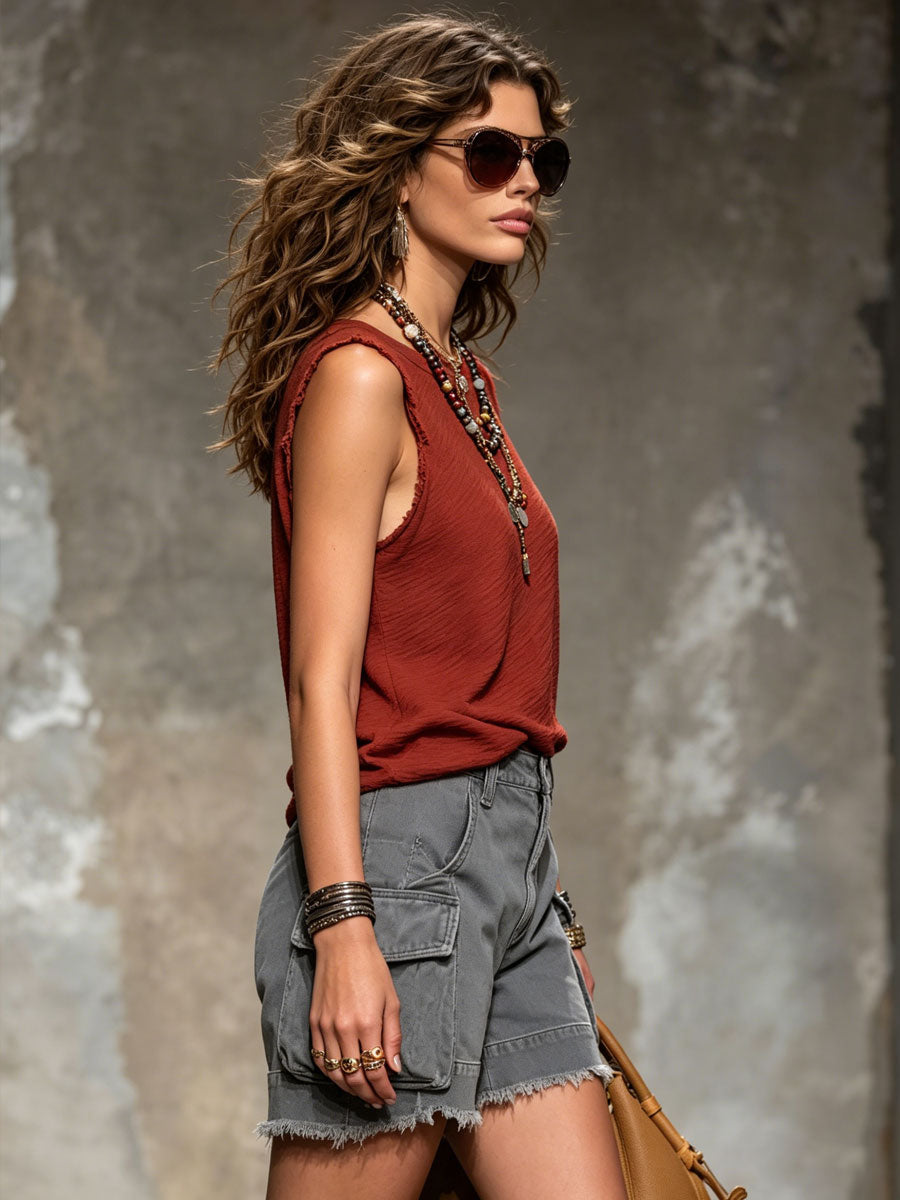 Casual Retro Deep Red Cotton Frayed Round Neck Top