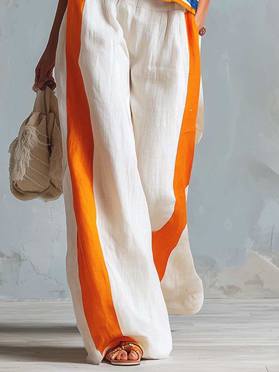 Casual Urban Style Contrast-Trimmed White T-Shirt & Wide-Leg Pants Cotton-Linen Set