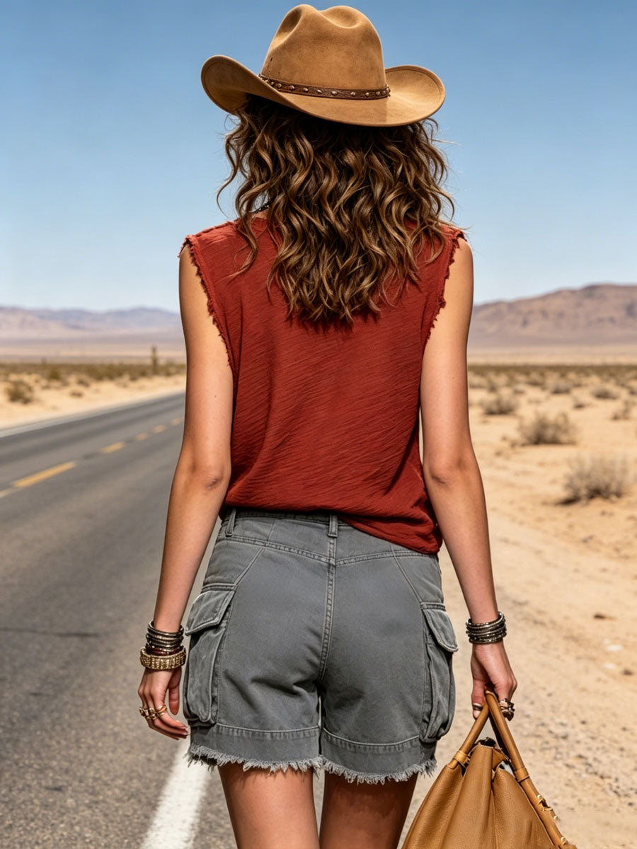Casual Retro Deep Red Cotton Frayed Round Neck Top