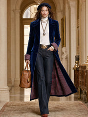 Fashionable Retro Striped Patchwork Royal Blue Velvet Mid-length Coat