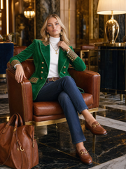 Emerald Velvet Leopard-Trim Peak-Lapel Double-Breasted Gold-Button Fitted Blazer Women