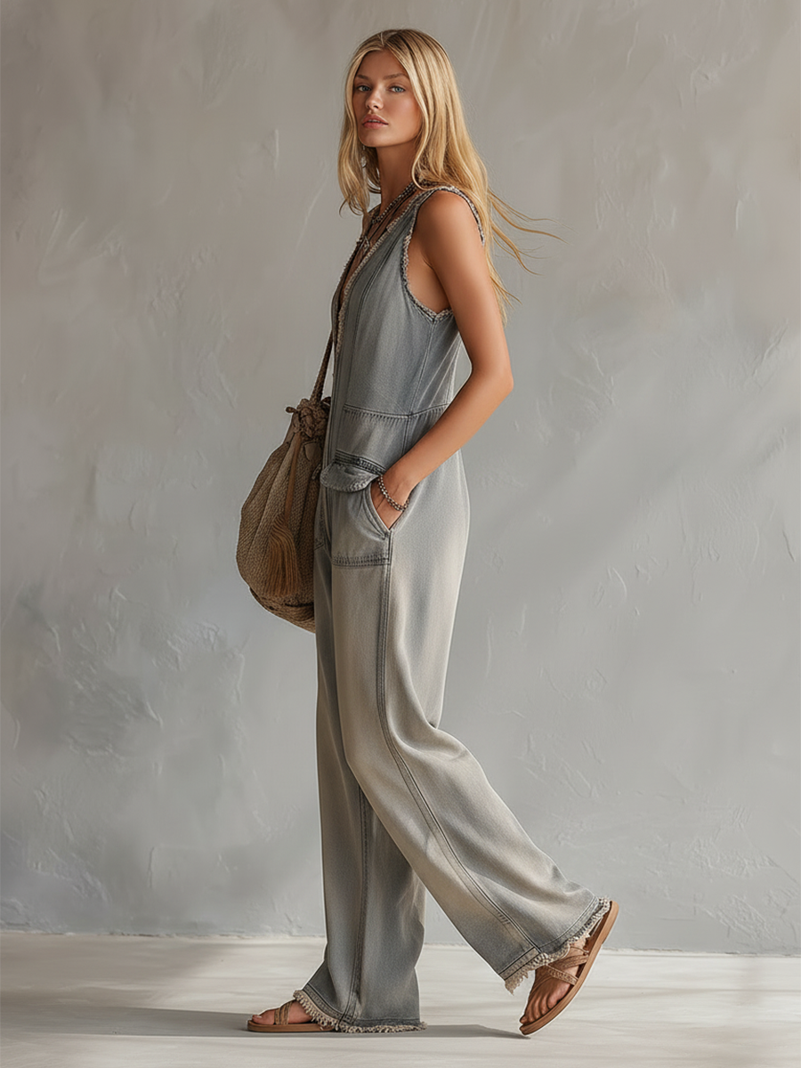 Retro Casual Distressed Gray-Blue Raw Hem Denim Jumpsuit