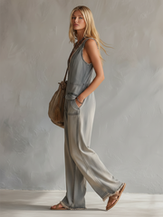 Retro Casual Distressed Gray-Blue Raw Hem Denim Jumpsuit