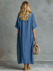 Retro Blue Tencel Denim Short-sleeved Maxi Dress