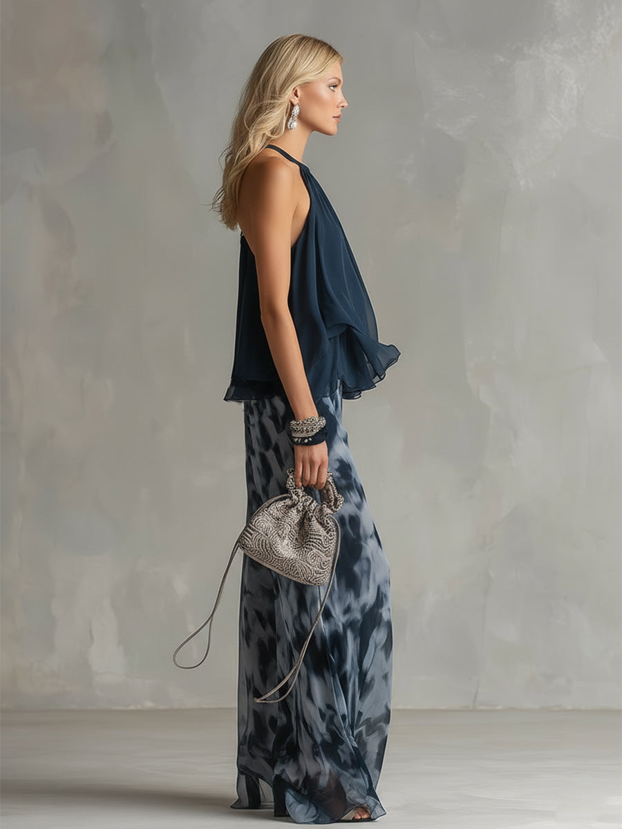 Elegant Urban Navy Blue Printed Wide-leg Pants