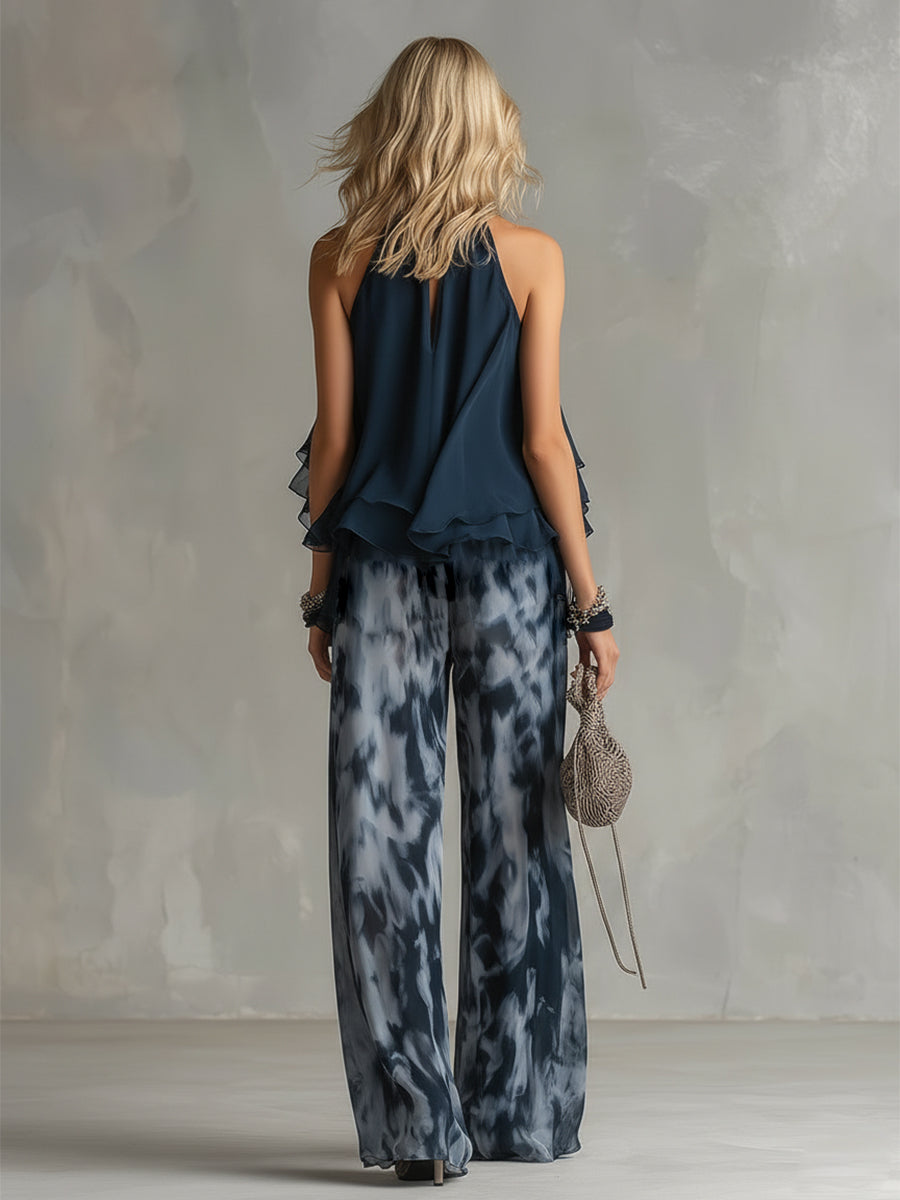 Elegant Urban Navy Blue Printed Wide-leg Pants