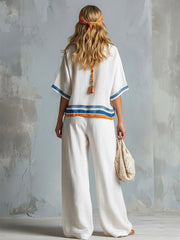 Casual Urban Style Contrast-Trimmed White T-Shirt & Wide-Leg Pants Cotton-Linen Set