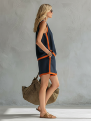 Elegant And Casual Two-tone Trim Dark Blue Cotton And Linen Vest And Shorts Set