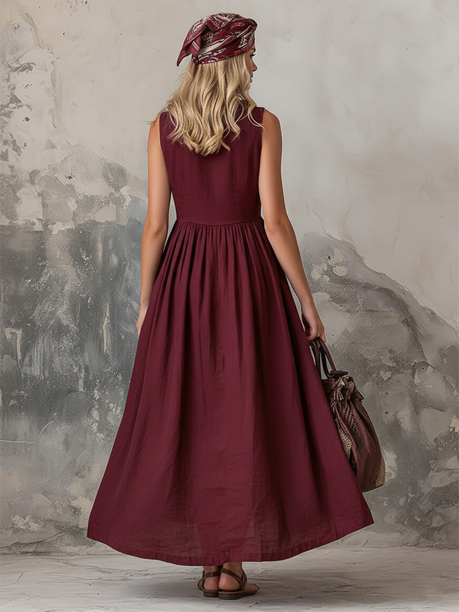 Elegant Zinfandel-colored Cotton And Linen Sleeveless Maxi Dress