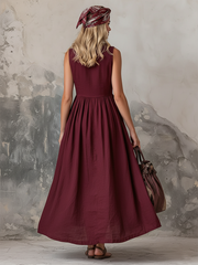 Elegant Zinfandel-colored Cotton And Linen Sleeveless Maxi Dress