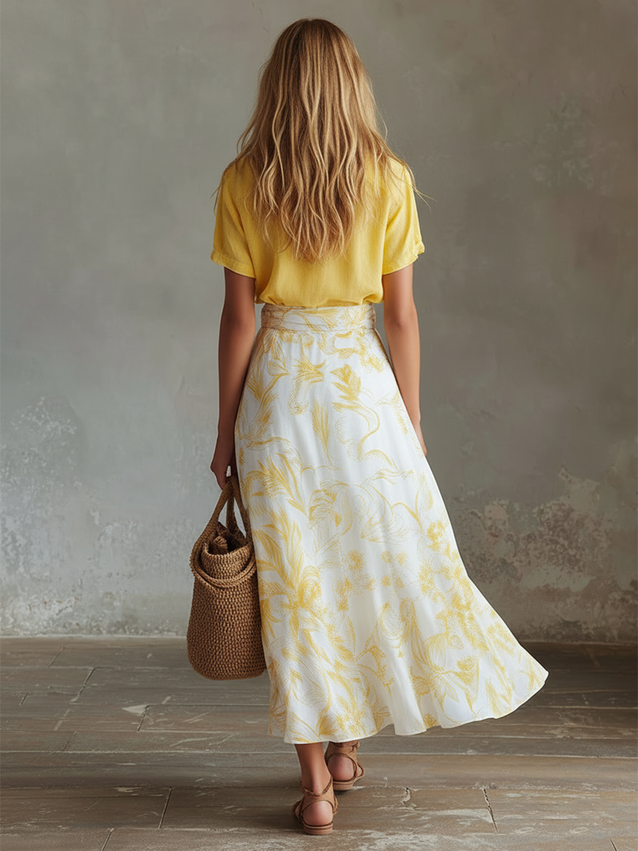 Elegant Summer Vacation Outfit Yellow Cotton-Linen T-Shirt & Moon-Print Chiffon Skirt Set