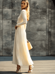 Elegant Casual And Comfortable Long-sleeved Cream Knitted Satin Pleated Hem Maxi Dress