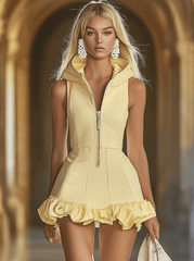 Fashion Slim Fit Goose Yellow Front Zip Hooded Ruffle Sleeveless Mini Dress