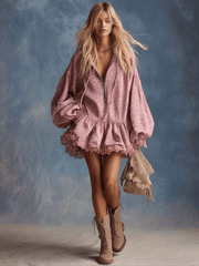 Elegant Western Hooded Front Zipper Ruffled Hem Pink Leopard Print Fuax Suede Mini Dress