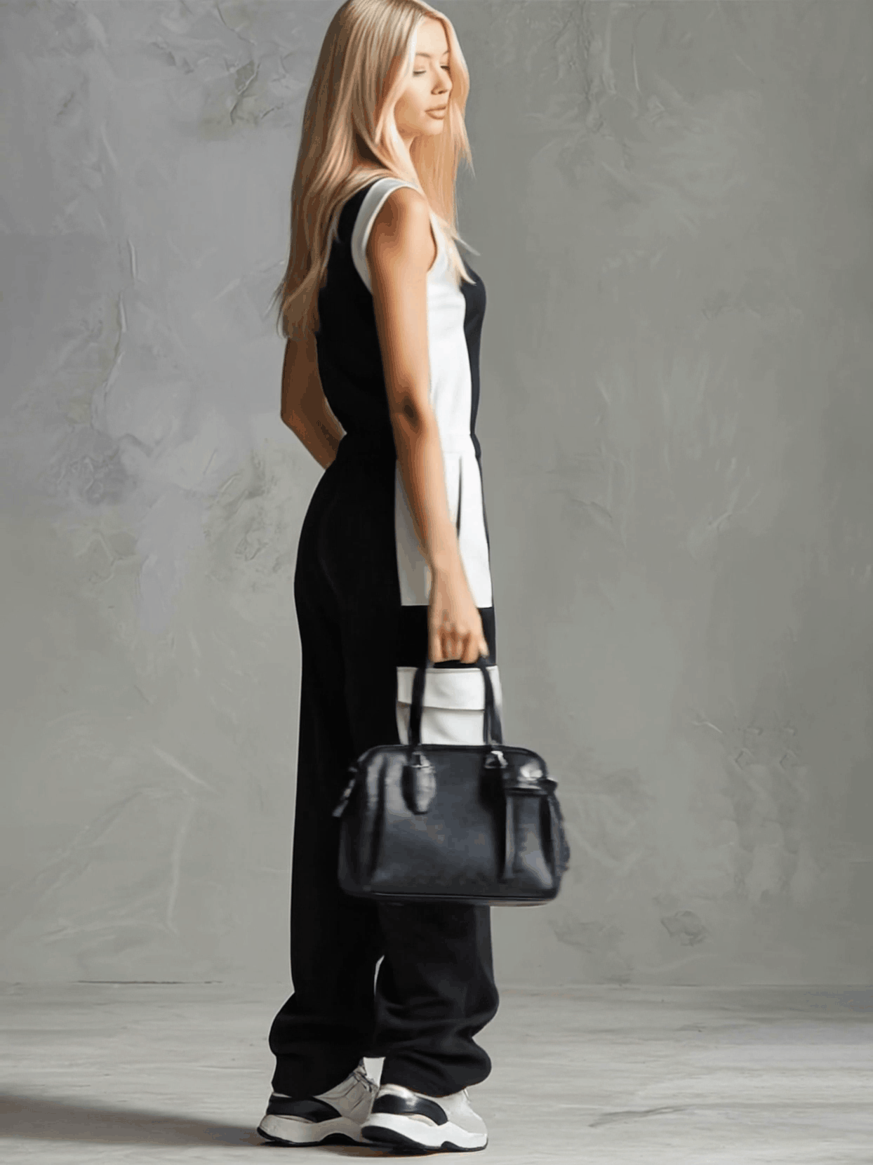 Casual Retro Sporty Black And White Color-blocked V-neck Half-zip Jumpsuit