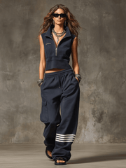 Retro Sports Navy Blue Cotton Half-zip Sweatshirt And Striped Cargo Pants Set