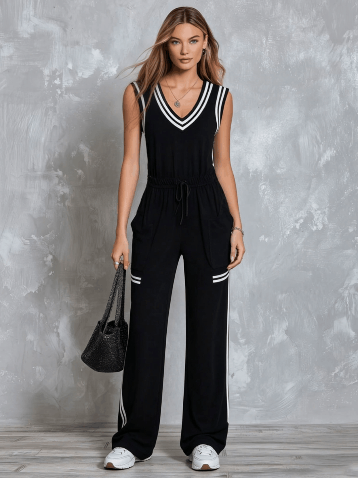 Retro Casual Sporty Color-blocked Black Sleeveless V-neck Cotton Jumpsuit