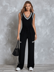 Retro Casual Sporty Color-blocked Black Sleeveless V-neck Cotton Jumpsuit