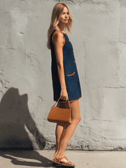 Casual Retro Color-blocked Trim Blue Sleeveless Round Neck Cotton Linen Mini Dress