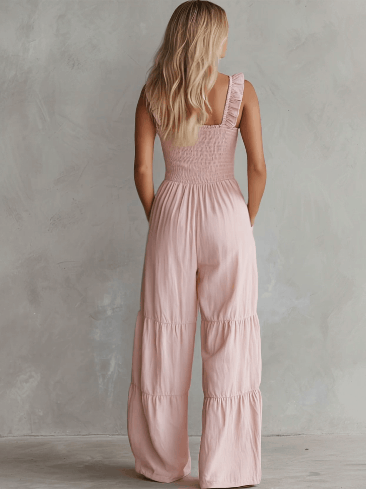 Casual Retro Ruffled Pink Sleeveless V-neck Button Cotton And Linen Jumpsuit